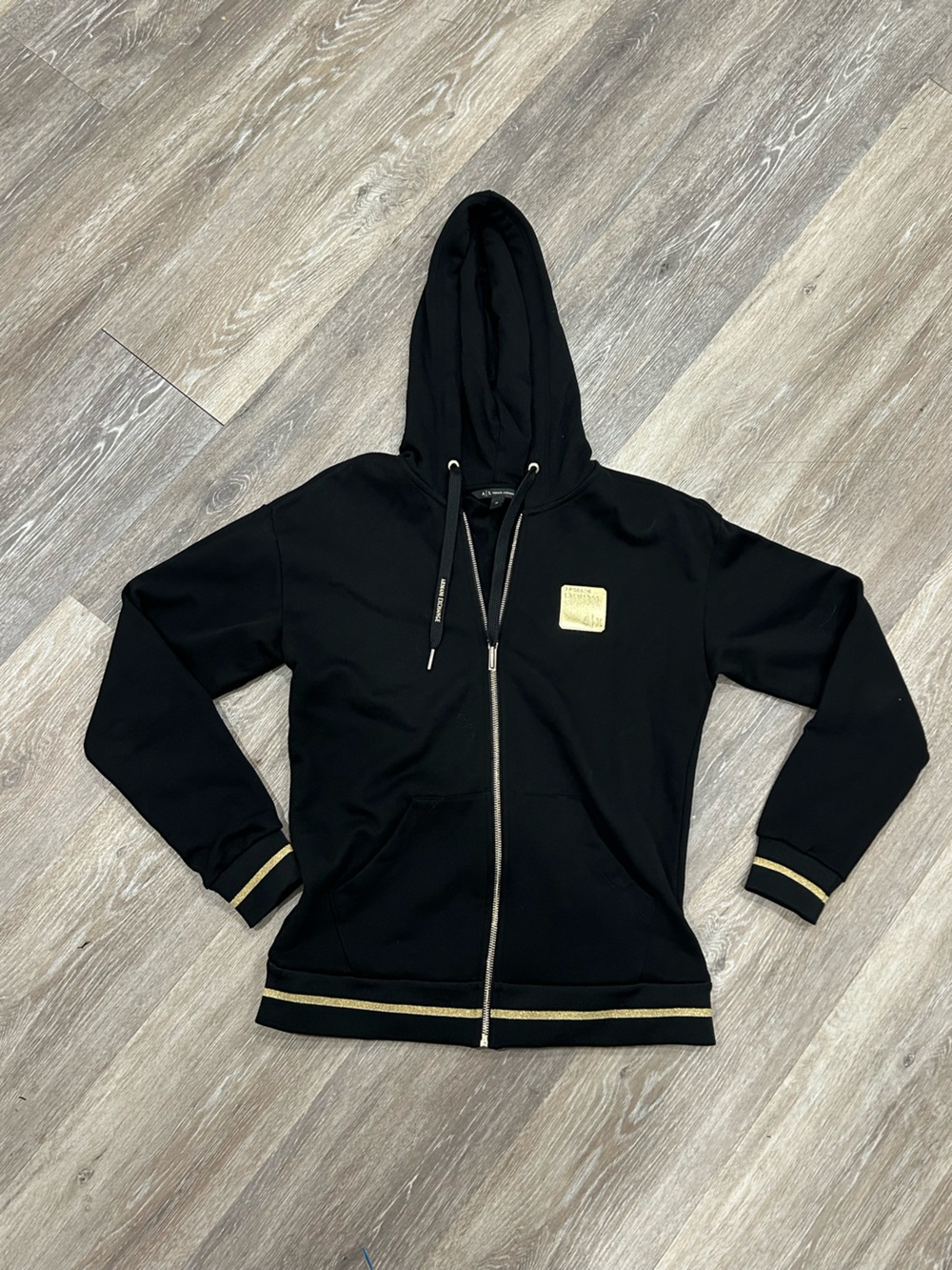 Armani Exchange Black Hooded Zip-Up Jacket with Gold Accent Patch